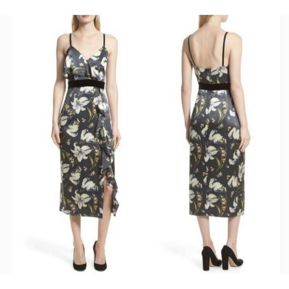 Cinq a Sept Leena Silk Floral Ruffle Trim Midi Sheath Dress Sz 6